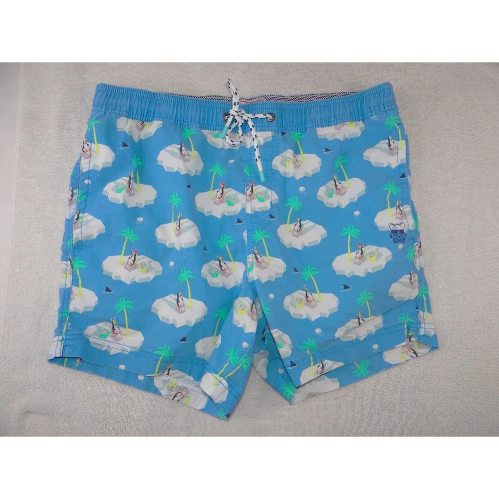 Party Pants Mens Blue Penguin Iceberg Palm Tree Print Swim Trunks Size Large
